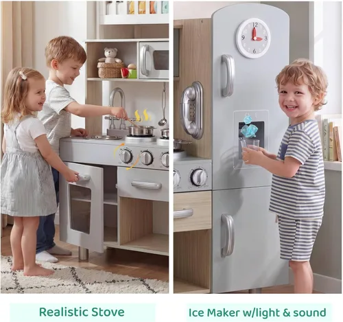 Miniatura 5 de MAMIZO Juego de Cocina para Niños, Cocina de Preescolar para Cocinar, Juguete de Madera de Simulación para Niños Pequeños con Nevera, Estufa