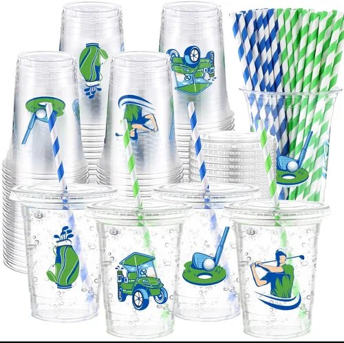 Honeydak Juego de 150 tazas temáticas de golf, 50 tazas desechables transparentes de 16 onzas con 50 tapas y 50 pajitas de papel, regalos de fiesta