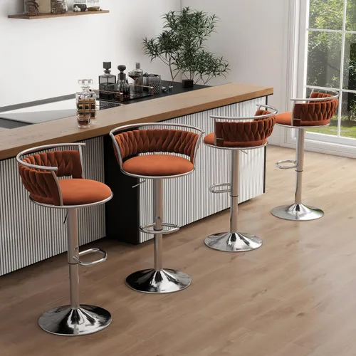 Miniatura 28 de Juego de 2 taburetes de bar giratorios de 360°, silla de bar de terciopelo ajustable a altura de mostrador moderna, taburete de metal plateado