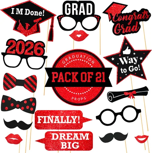Miniatura 2 de KatchOn, Accesorios para cabina de fotos de graduación 2026 – Paquete de 21 Decoraciones de graduación rojas y negras 2026, accesorios