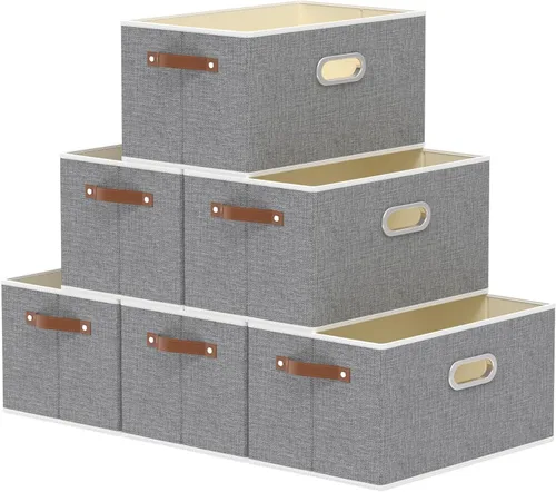 Miniatura 15 de Yawinhe Cestas de almacenamiento de tela, organizador plegable de armario para estantes, cajas grandes con 3 asas, contenedores de lona para ropa