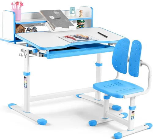 Artist hand Kids Study Desk and Chair Set Height Adjustable Children School Table Large Writing Board Desk with LED Lamp Pull Out Drawer Pencil Case