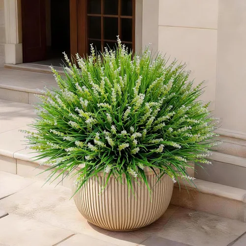 Miniatura 9 de alyptus Flores artificiales para exteriores, 12 paquetes de plantas de plástico, flores blancas sintéticas, hierba falsa de mono para decoración