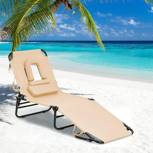 Miniatura 2 de GYMAX Sillón de playa, silla para tomar el sol, silla plegable ajustable reclinable con agujero para cara (1, arena)