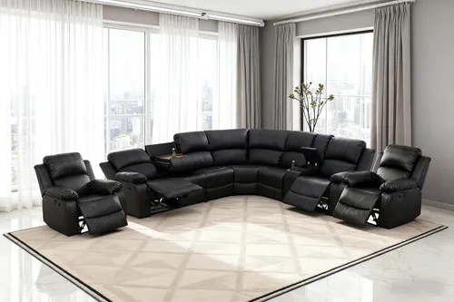 Miniatura 7 de Juego de sofá seccional reclinable manual, juegos de muebles de sala de estar de cuero regenerado en forma de L, sofá de esquina seccional