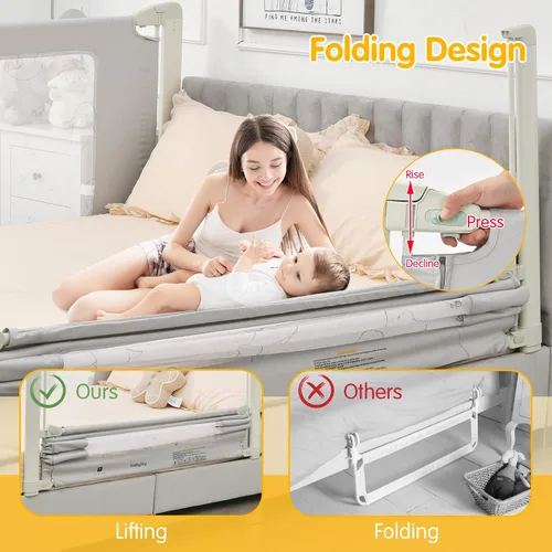 Miniatura 2 de BABY JOY Rieles de cama para niños pequeños, 70 pulgadas extra largas, protección de riel para niños de altura ajustable con doble bloqueo de Gris