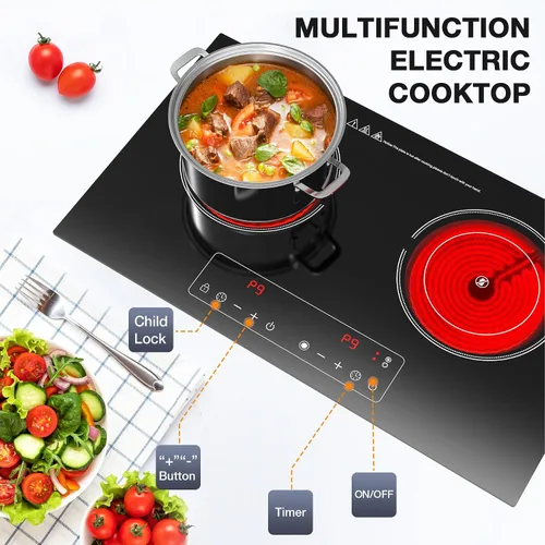 Miniatura 8 de Cocina eléctrica, 110 V, 2400 W, 2 quemadores, encimera y estufa integrada con 9 niveles de potencia, bloqueo de seguridad para niños, temporizador