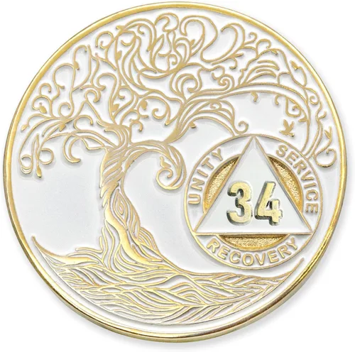 Miniatura 80 de 20 Year Sobriety Mint Twisted Tree of Life - Medallón de recuperación AA chapado en oro, fichas y fichas, color negro