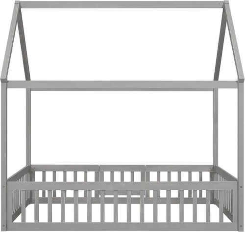 Miniatura 7 de VilroCaz Cama de casa de tamaño matrimonial para niños, marco de cama Montessori de madera maciza con valla y puerta para niños y niñas, diseño