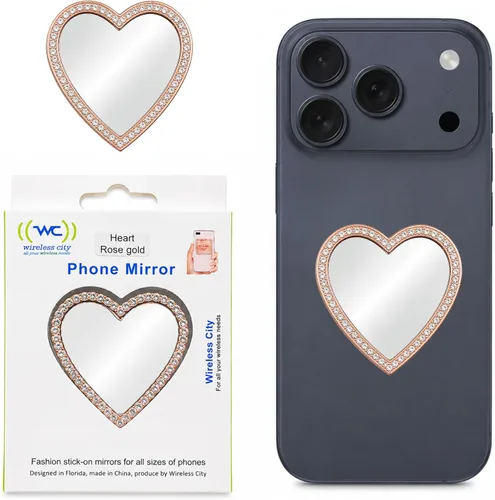 Wireless City Espejo de teléfono con forma de corazón, espejo de maquillaje con diamantes de oro rosa con circonita cúbica, 2.2 in, ideal para
