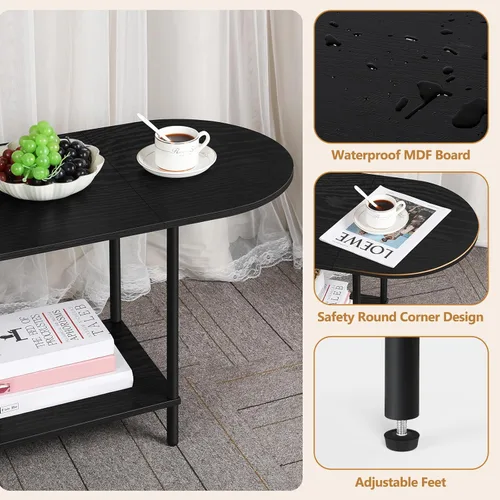 Miniatura 5 de OYEAL Mesa de Café Negra para Sala de Estar, Mesa Central Pequeña de 2 Niveles Ovalada, Mesa de Té Redonda de Granja de Media Siglo con Estante