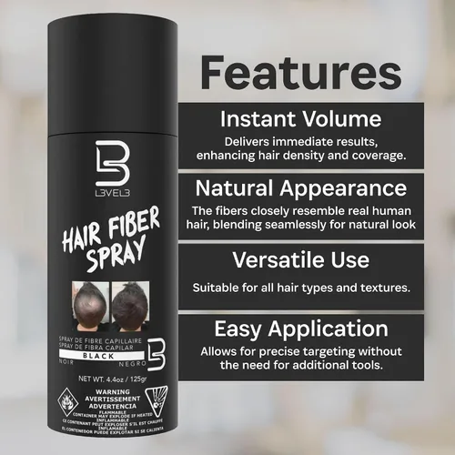 Miniatura 8 de Spray de fibra para cabello negro de nivel 3, cubre puntos calvos y adelgazamiento del cabello, cobertura instantánea de canas y apariencia más