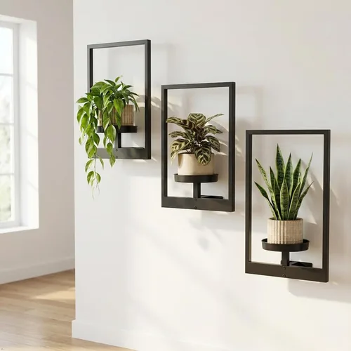 Miniatura 7 de Juego de 3 macetas de pared con marco de fotos, estantes colgantes de metal modernos para plantas, soporte de pared inoxidable para interiores