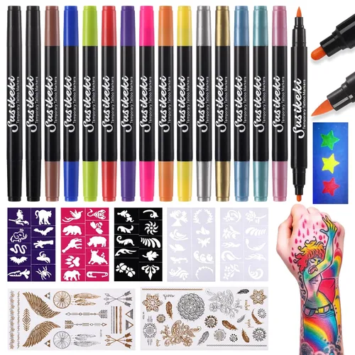 Marcadores temporales de tatuaje para piel, 15 bolígrafos de tatuaje de doble punta + 50 plantillas de pintura + 43 calcomanías de tatuajes, juego