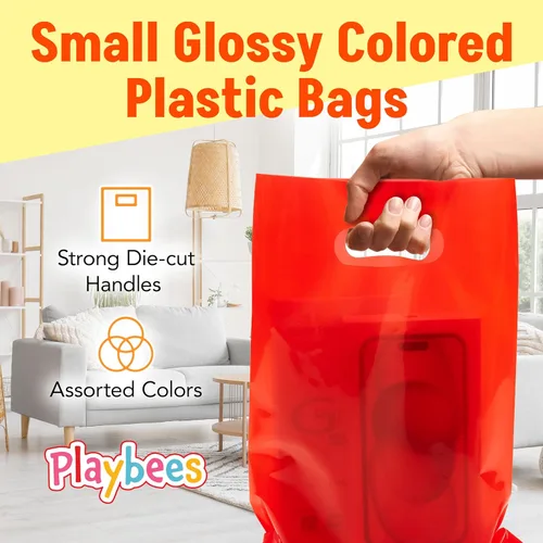 Miniatura 2 de Playbees Bolsas de plástico pequeñas de colores brillantes con asas troqueladas en varios colores, paquete de 50 bolsas de comestibles de 8.75 x 12