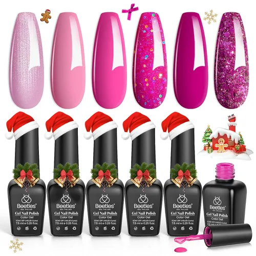 Miniatura 9 de Beetles - Juego de esmaltes en gel para uñas de Navidad, color rosa, rosa, nude, brillantina, luz brillante, kit de 6 colores para semipermanente