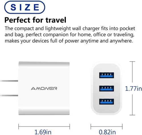 Miniatura 5 de Cargador de pared USB, Amoner Pack de 2 de 15W con 3 puertos USB, bloque de carga en forma de cubo para iPhone 14/13/12/11/X/XR/X/8/7/6, Galaxy