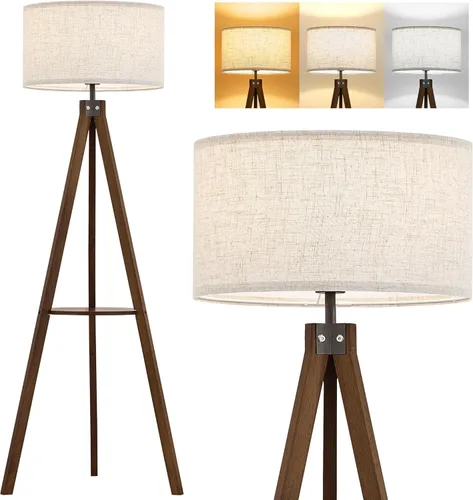 Miniatura 11 de ELYONA Lámpara de pie con trípode de madera estilo granja con mesa, lámpara de pie de lectura moderna con 3 temperaturas de color, bombilla LED