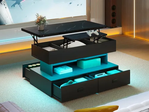 Mesa de centro elevable de 40 pulgadas con luz LED, modernas mesas de centro grandes con almacenamiento y 4 cajones, mesa de centro de mesa