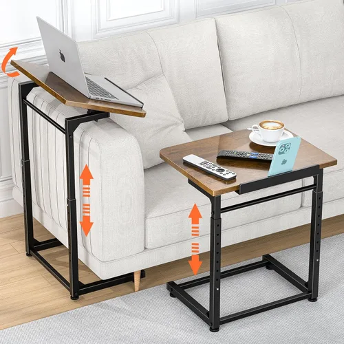 Mesa para Bandeja de TV, Mesa Lateral para Sofá Ajustable en 8 Alturas, Mesa de Extremo en Forma de C con Ajuste de Ángulo de Inclinación de 90°,