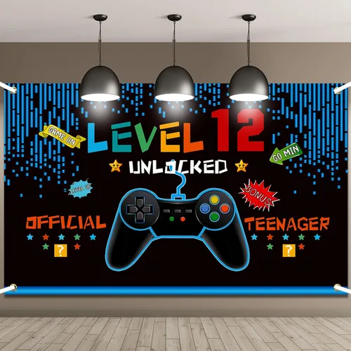 Decoraciones de cumpleaños de videojuegos de 8, 9, 10, 11, 12, 13, 14 cumpleaños para niños, temática de videojuegos, accesorios de fotos, telón de