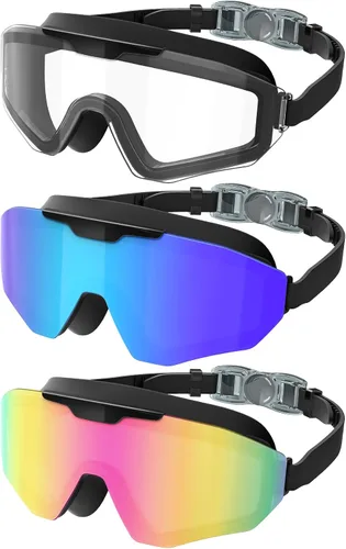 Paquete de 3 gafas de natación de visión amplia, sin fugas, antiniebla, UV, gafas de natación para adultos, hombres, mujeres y jóvenes