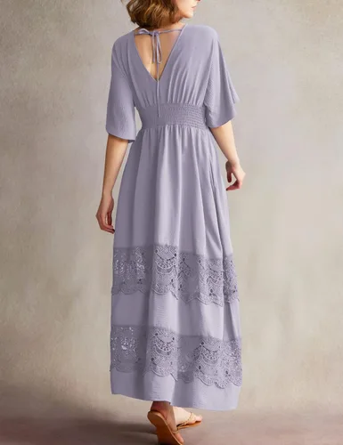 Miniatura 56 de Vestido largo de encaje para mujer de manga corta y cuello en V, vestido de fiesta estilo bohemio con cintura fruncida, vestido bohemio para mujer