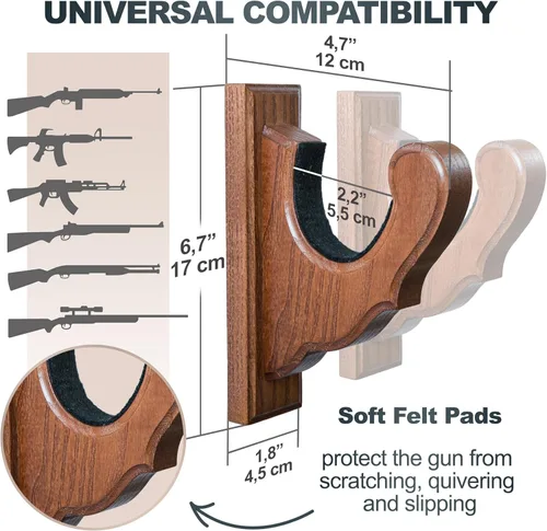 Miniatura 3 de TESLYAR Soporte de pared para rifles, ganchos para pistola con figuras para rifles y escopetas, estante de madera para armas, soporte de madera