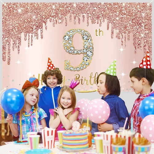 Miniatura 5 de Cartel de feliz 9º cumpleaños para niñas, suministros de fiesta de noveno año de oro rosa, cartel rosa de 9 años, decoración de cabina de fotos