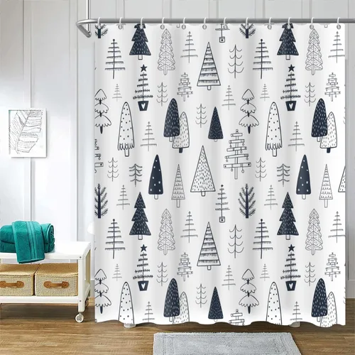 Cortina de ducha con diseño de árbol de Navidad, color negro y blanco, juego de cortinas de baño de dibujos animados de pino de Navidad, Feliz
