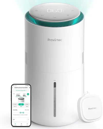 Provirtec MistFree Humidificador inteligente para dormitorio, humidificador evaporativo sin polvo blanco, humedad automática y control de