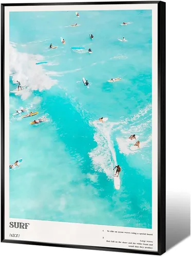 Póster vintage de surf, arte de pared de playa costera azul, decoración de habitación de vaquera costera, impresión retro en lienzo de verano para
