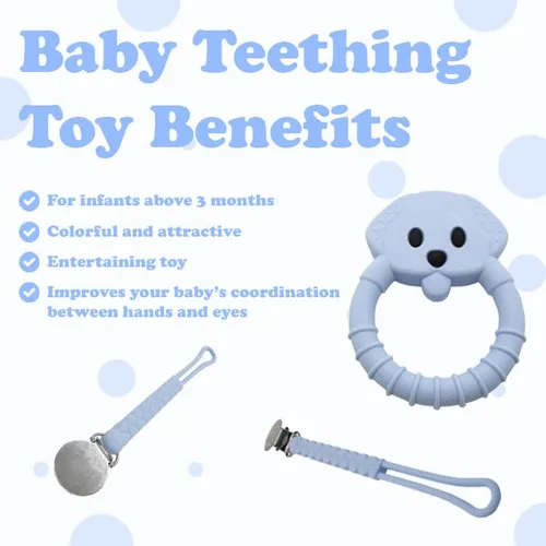 Miniatura 2 de Juego de juguetes de dentición para bebé, incluye clip para chupete azul y mordedor de oso, juguetes masticables de silicona para bebés recién
