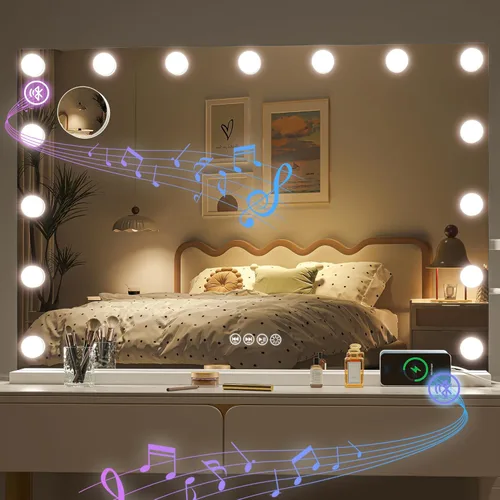 Miniatura 10 de Hasipu Hollywood Espejo de tocador con luces y altavoz Bluetooth, espejo de maquillaje de 29 x 20 pulgadas con 14 bombillas LED regulables, 3 modos