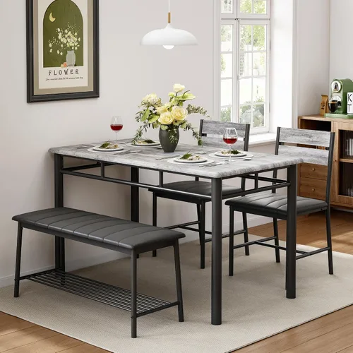 Miniatura 4 de IRONCK Juego de mesa de comedor para 4, mesa de cocina con banco tapizado y 2 sillas, juego de mesa de cocina y sillas para espacio pequeño, Gris
