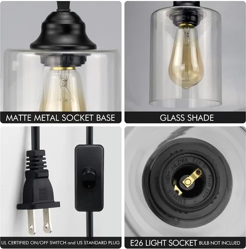 Miniatura 3 de Lámpara colgante de cristal con enchufe de 1 luz, mini iluminación colgante industrial con pantalla de vidrio, lámpara colgante ajustable de granja