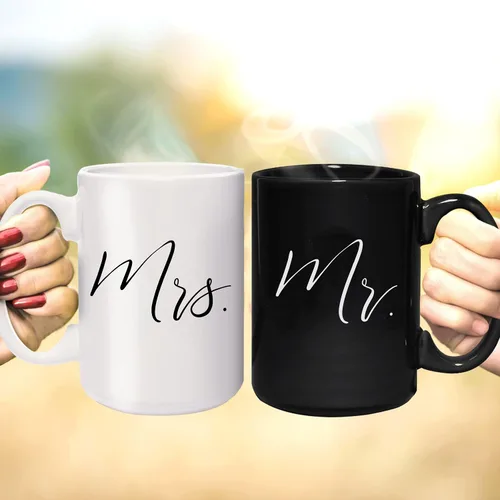 Miniatura 5 de Canopy Street Mr And Mrs - Tazas a juego, 2 tazas de cerámica grandes de 15 onzas blancas y negras, elegante juego de regalo de taza de café, una