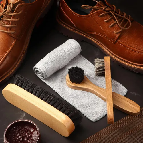 Miniatura 6 de Kit de 4 cepillos para zapatos de pelo de caballo, aplicadores de limpieza de piel, botas, cepillos de cuidado de gamuza con paño de microfibra