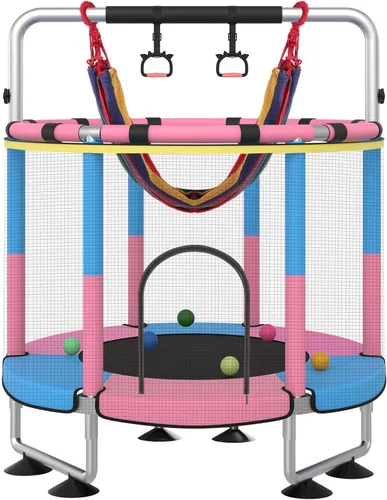 Miniatura 9 de Trampolín para niños, cama elástica completa antioxidante de 440 libras para interiores y exteriores con red, trampolín ajustable de 55 pulgadas
