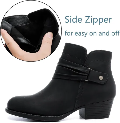 Miniatura 3 de Luoika Botines anchos para mujer, botas cortas negras y marrones con tacón bajo y cremallera lateral.