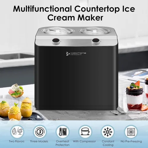 Miniatura 2 de Homtone Máquina de helados de 2 sabores, compresor automático de helados con 2 cuencos, 2.6 cuartos de galón (2 x 1.3 qt) de mayor capacidad