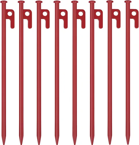 Paquete de 8 estacas de tienda de campaña resistentes de 12 pulgadas de acero para acampar irrompibles e inflexibles Rojo