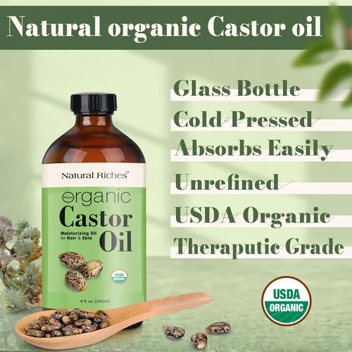 Miniatura 3 de Natural Riches Aceite de ricino orgánico sin refinar, botella de vidrio prensado en frío, certificado por USDA para piel seca, pérdida de cabello