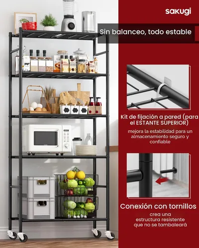 Miniatura 4 de Sakugi Organizador de estantes de almacenamiento, organizador de estantes de metal de 5 niveles con ruedas de metal y patas niveladoras ajustables