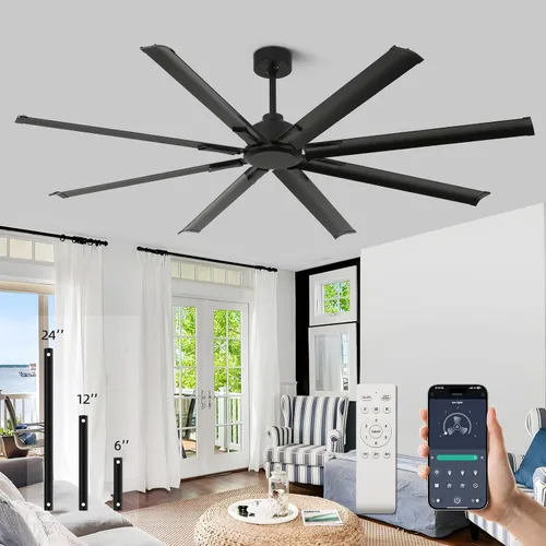 Ventilador de techo de 72 pulgadas sin luz con control remoto, motor silencioso de CC reversible de 8 aspas, 6 velocidades, temporizador, negro,