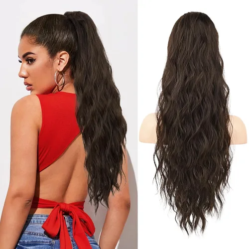 Miniatura 19 de FLUFYMOOZ Extensión de Cola de Caballo, Extensiones de Cabello de Cola de Caballo con Cordón de 26 Pulgadas para Mujeres, Postizo de Cabello