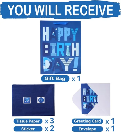 Miniatura 3 de wishinside Juego de bolsas de regalo azules extragrandes de 16.5" con tarjeta de felicitación y papeles de seda (Feliz cumpleaños azul) para fiestas