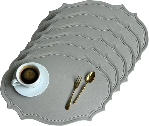 Miniatura 20 de Juego de 6 manteles individuales de cuero lavables, manteles individuales de cuero sintético negro grueso resistentes al calor con forma elíptica