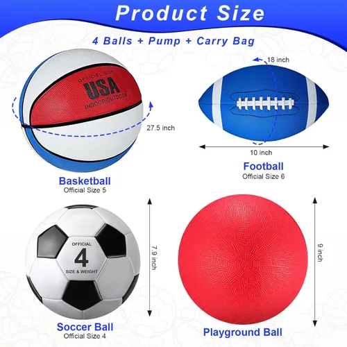 Miniatura 2 de Deekin Juego de 4 pelotas deportivas para niños y adolescentes, incluye tamaño oficial de baloncesto, fútbol, fútbol, patio de recreo, pelota