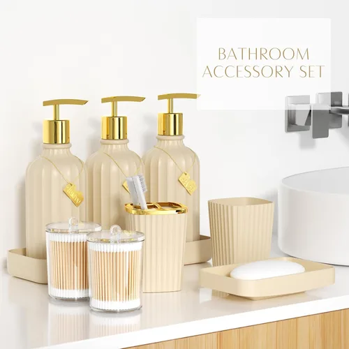 Miniatura 3 de 21PCS Bathroom Sets with Shower Curtain and Rugs Bathroom Accessories Set Beige Bathroom Set Complete with Trash Can, Toilet Brush, Qtip Holder &